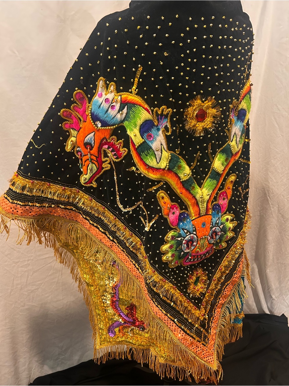 Vintage handmade Black Embroidered Dragon Fringe cape